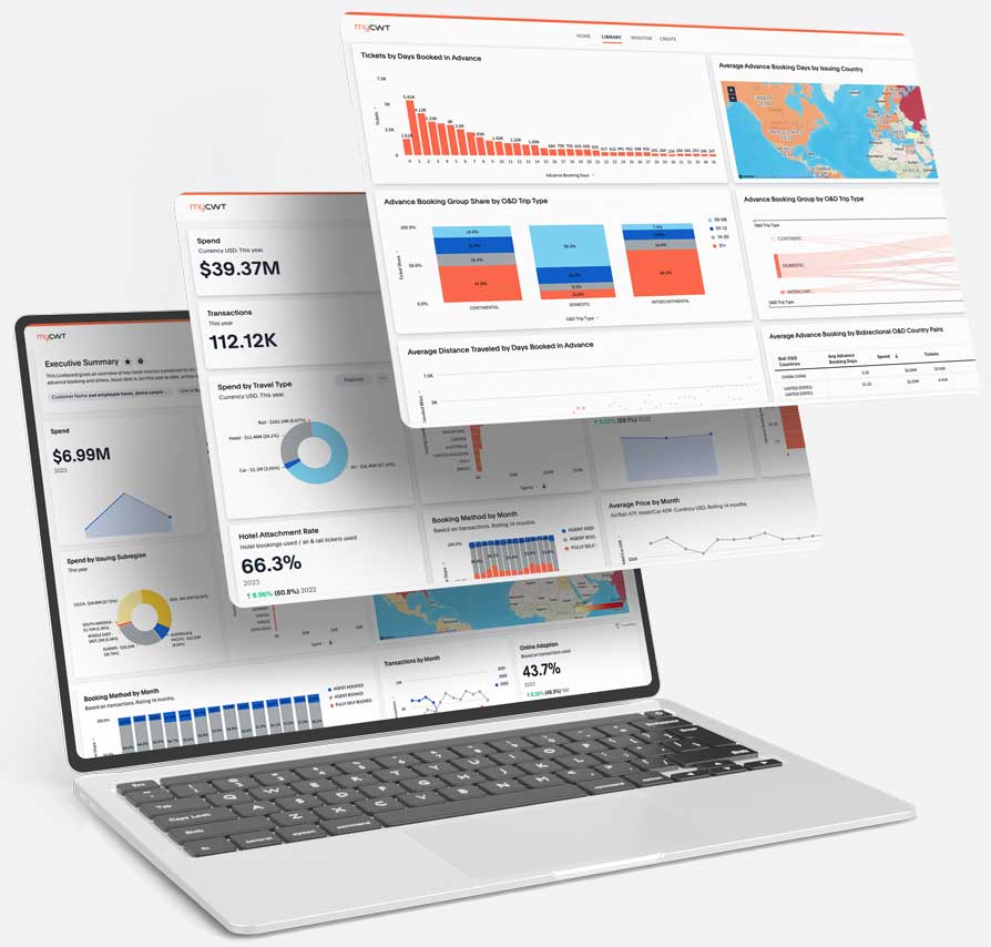 Laptop depicting multiple views of CWT data reporting tools