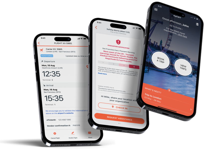 Mobile phone depicting multiple views of the myCWT app