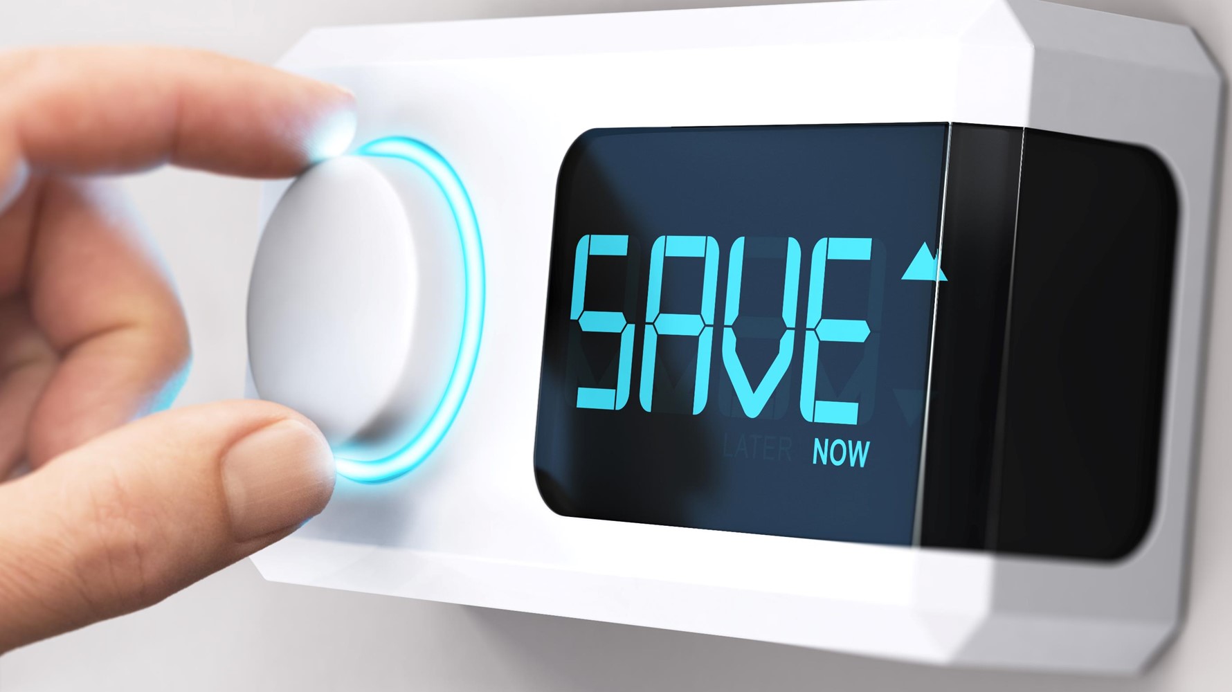 A hand is touching a screen displaying the words "save now"